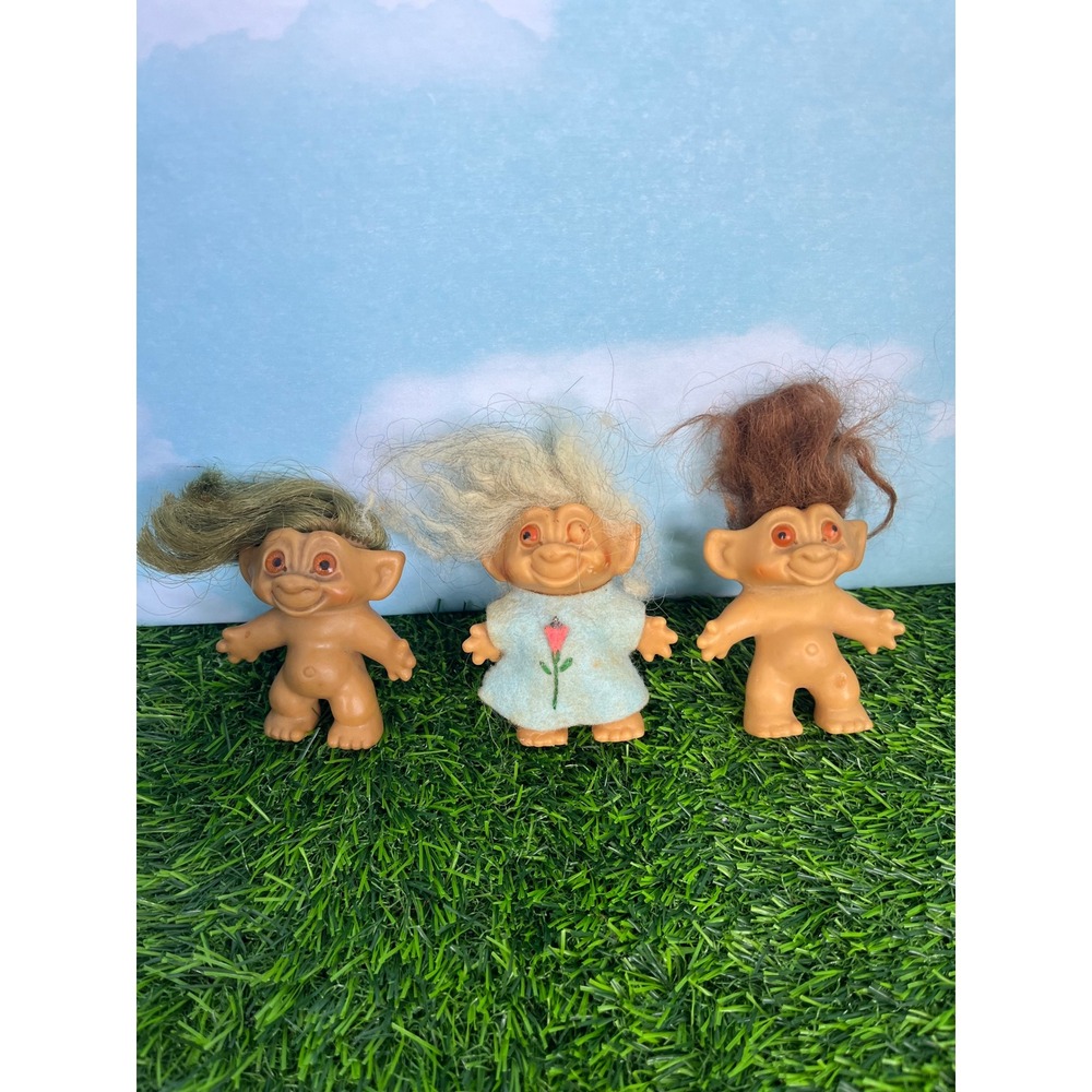 Vintage Dam Troll Doll Lot of 3 Green White Brown Hair Retro Collectible Toys